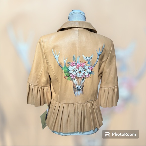 Terry Lewis Handpainted deer buttery soft tan pleated leather jacket sz MD OOAK - Picture 6 of 15